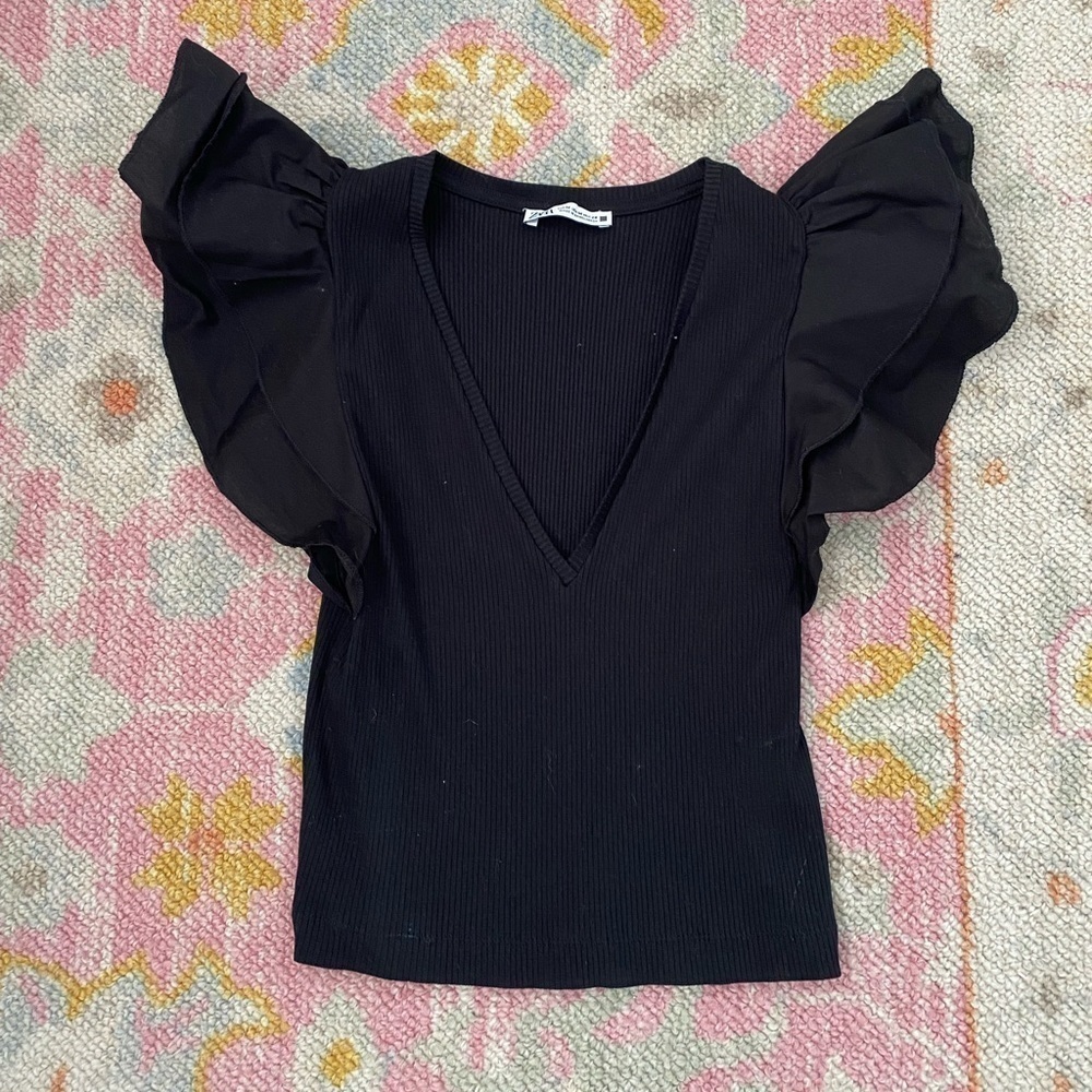 zara v-neck flutter sleeve blouse